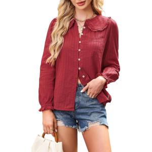 imageECOWISH Womens Long Sleeve Shirts  Peter Pan Collar Button Down Blouse Dressy Casual Puff Cotton Elegant Fall Tops3461 Wine Red