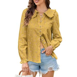 imageECOWISH Womens Long Sleeve Shirts  Peter Pan Collar Button Down Blouse Dressy Casual Puff Cotton Elegant Fall Tops3461 Yellow