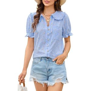 imageECOWISH Womens Long Sleeve Shirts  Peter Pan Collar Button Down Blouse Dressy Casual Puff Cotton Elegant Fall TopsBlue Flower