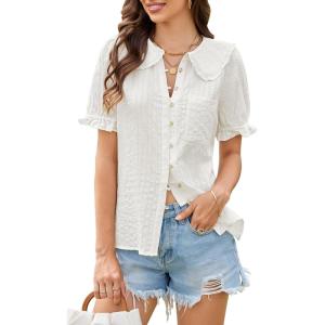 imageECOWISH Womens Long Sleeve Shirts  Peter Pan Collar Button Down Blouse Dressy Casual Puff Cotton Elegant Fall TopsWhite