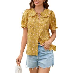 imageECOWISH Womens Long Sleeve Shirts  Peter Pan Collar Button Down Blouse Dressy Casual Puff Cotton Elegant Fall TopsYellow Flower