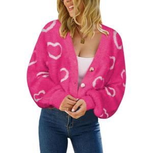 imageECOWISH Women Floral Cropped Cardigan Fall Long Sleeve Button Down Fuzzy Heart Print Knit Sweaters Casual Y2k Outerwear460rose Red