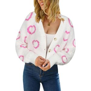 imageECOWISH Women Floral Cropped Cardigan Fall Long Sleeve Button Down Fuzzy Heart Print Knit Sweaters Casual Y2k Outerwear460white