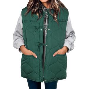 imageECOWISH Puffer Vest Women 2025 Sleeveless Quilted Jacket Bow Button Zip Up Fall Winter Coat Padded Gilet OuterwearGreen