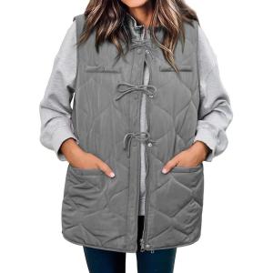 imageECOWISH Puffer Vest Women 2025 Sleeveless Quilted Jacket Bow Button Zip Up Fall Winter Coat Padded Gilet OuterwearGrey