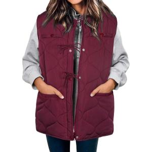 imageECOWISH Puffer Vest Women 2025 Sleeveless Quilted Jacket Bow Button Zip Up Fall Winter Coat Padded Gilet OuterwearWine Red