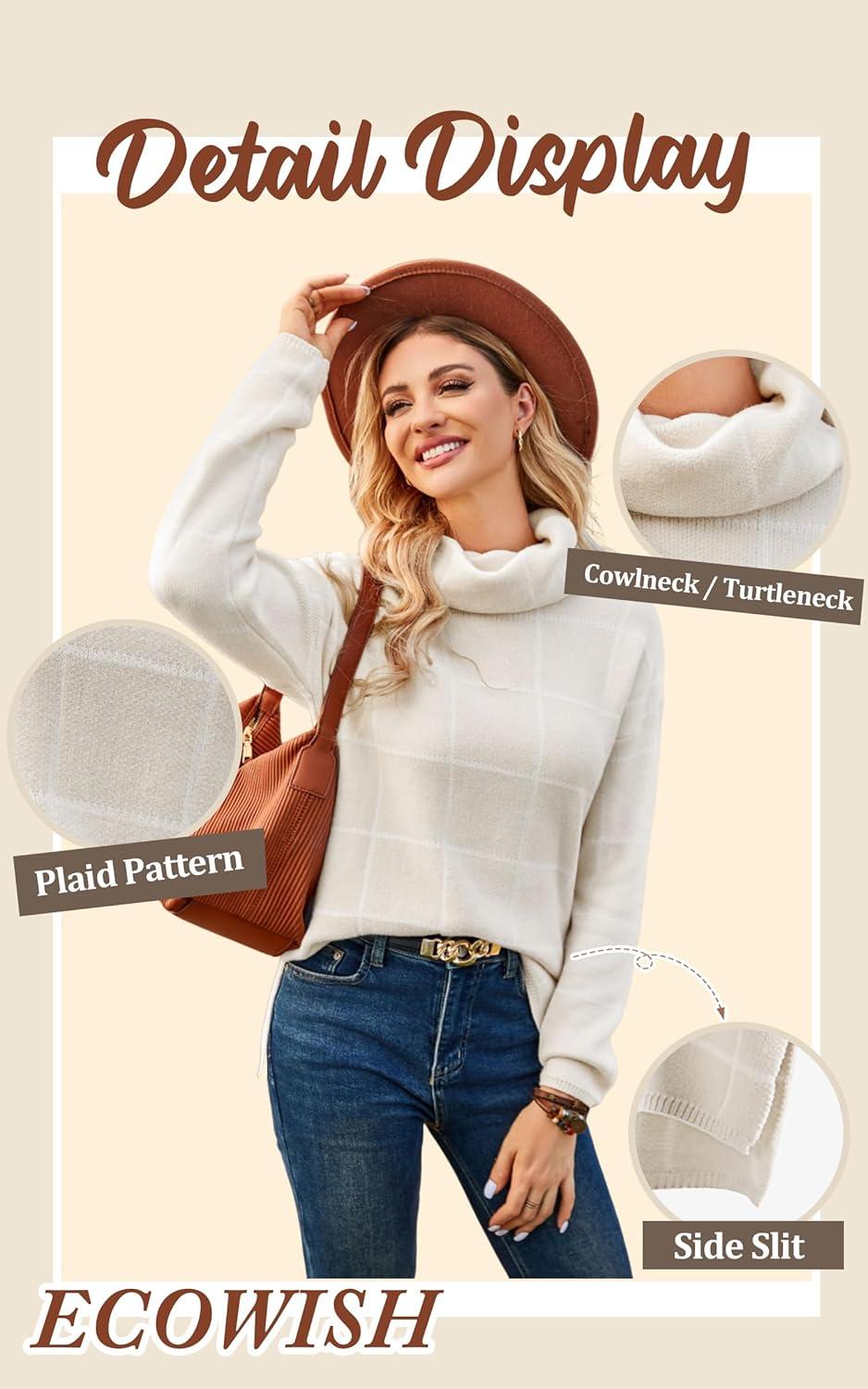 imageECOWISH Women Fall Pullover Sweater Turtleneck Plaid Long Sleeve Loose Casual Chunky Checked Knit Winter Sweaters Jumper Tops014black1