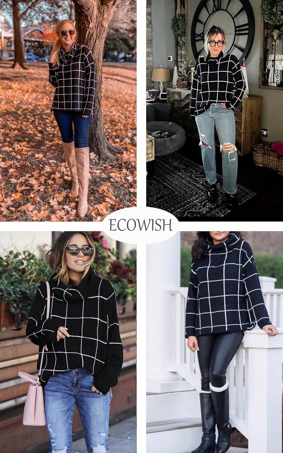 imageECOWISH Women Fall Pullover Sweater Turtleneck Plaid Long Sleeve Loose Casual Chunky Checked Knit Winter Sweaters Jumper Tops014black1