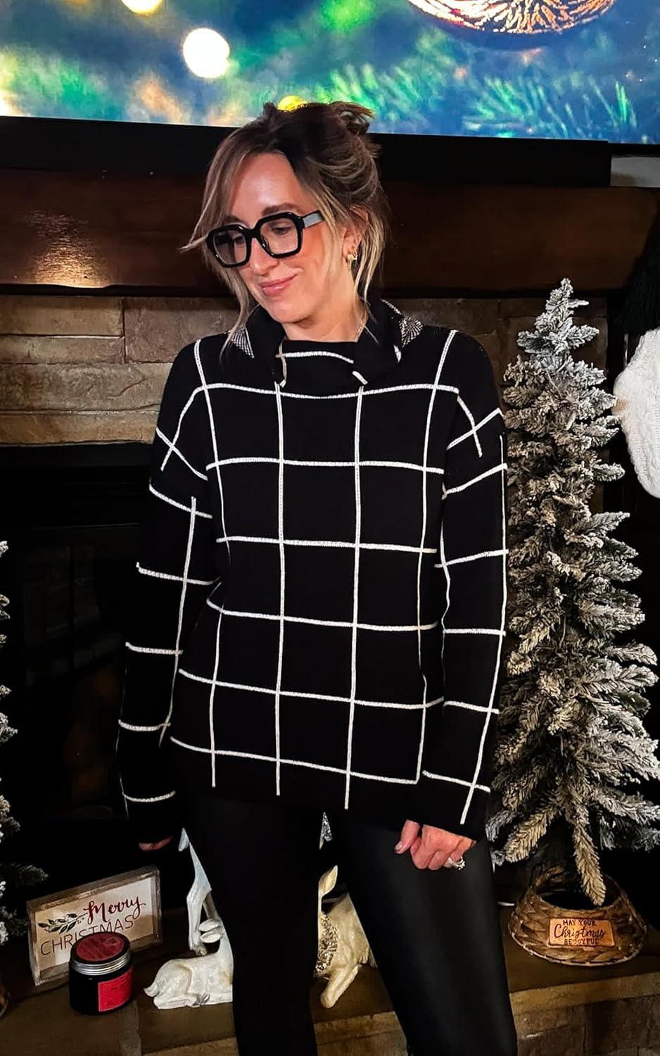 imageECOWISH Women Fall Pullover Sweater Turtleneck Plaid Long Sleeve Loose Casual Chunky Checked Knit Winter Sweaters Jumper Tops014black1