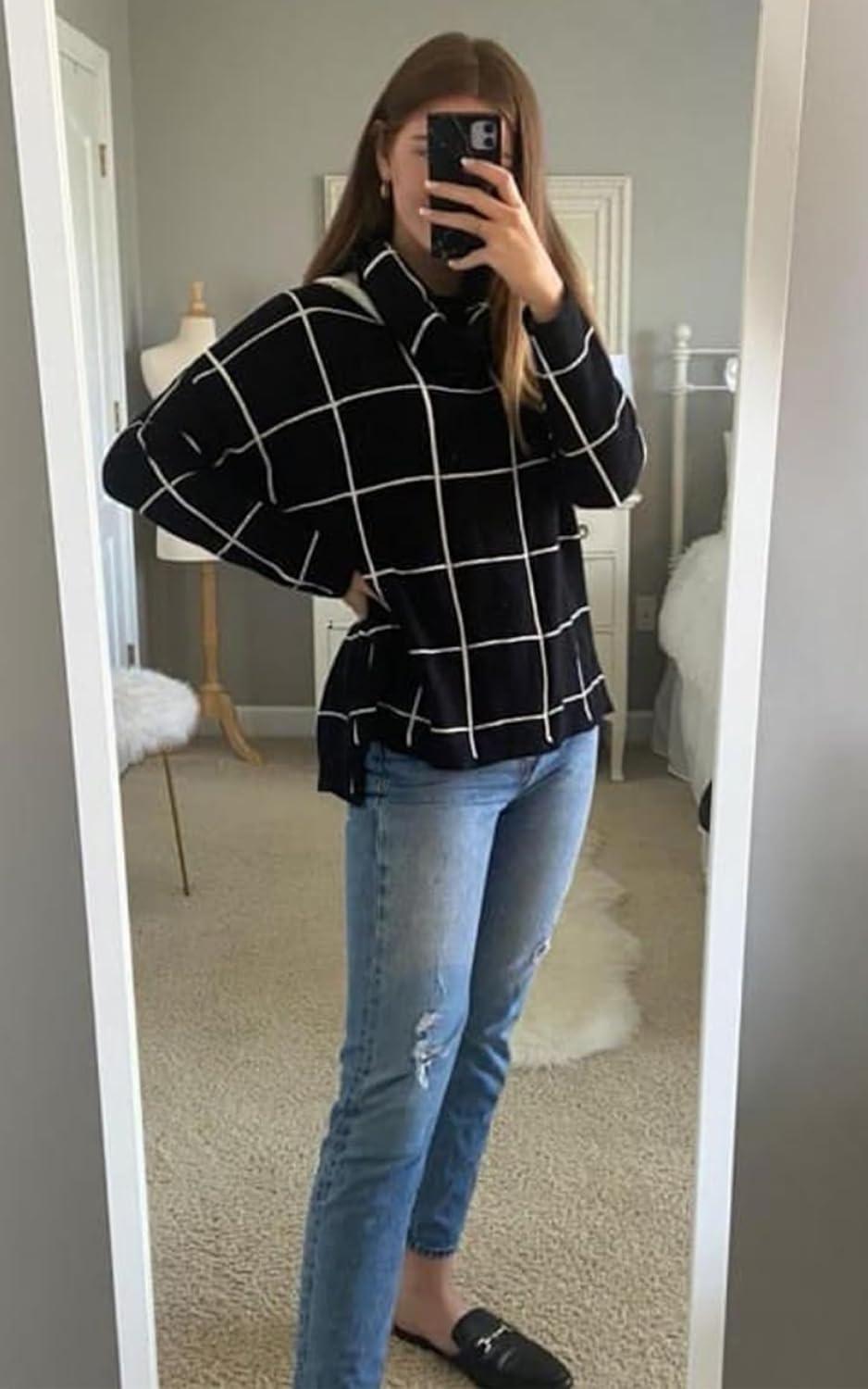 imageECOWISH Women Fall Pullover Sweater Turtleneck Plaid Long Sleeve Loose Casual Chunky Checked Knit Winter Sweaters Jumper Tops014black1