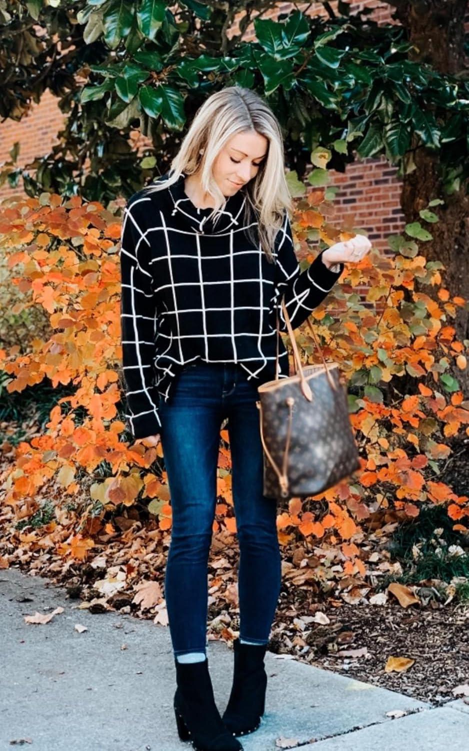 imageECOWISH Women Fall Pullover Sweater Turtleneck Plaid Long Sleeve Loose Casual Chunky Checked Knit Winter Sweaters Jumper Tops014black1