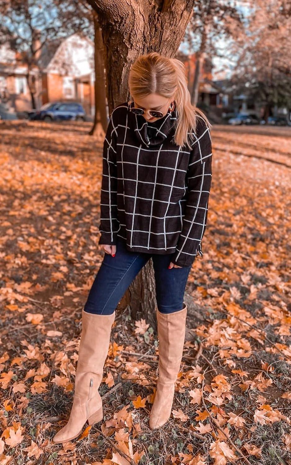 imageECOWISH Women Fall Pullover Sweater Turtleneck Plaid Long Sleeve Loose Casual Chunky Checked Knit Winter Sweaters Jumper Tops014black1