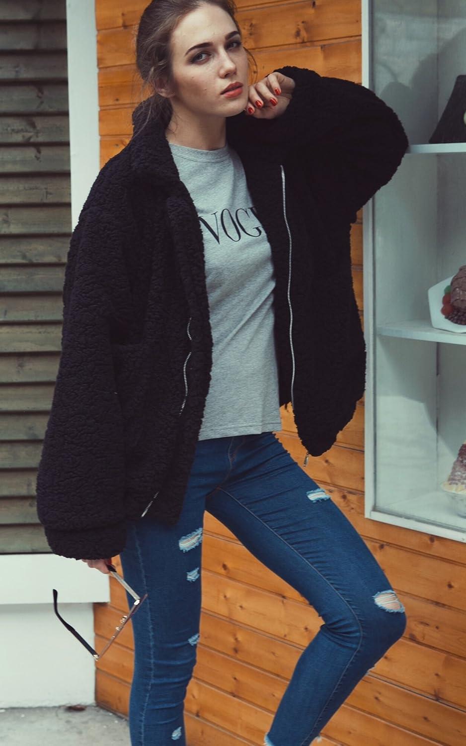 imageECOWISH Women Jacket Winter Coat  2025 Fur Fleece Long Sleeve Sherpa Faux Fuzzy Fall Teddy Fluffy Zip Lapel OutfitsBlack