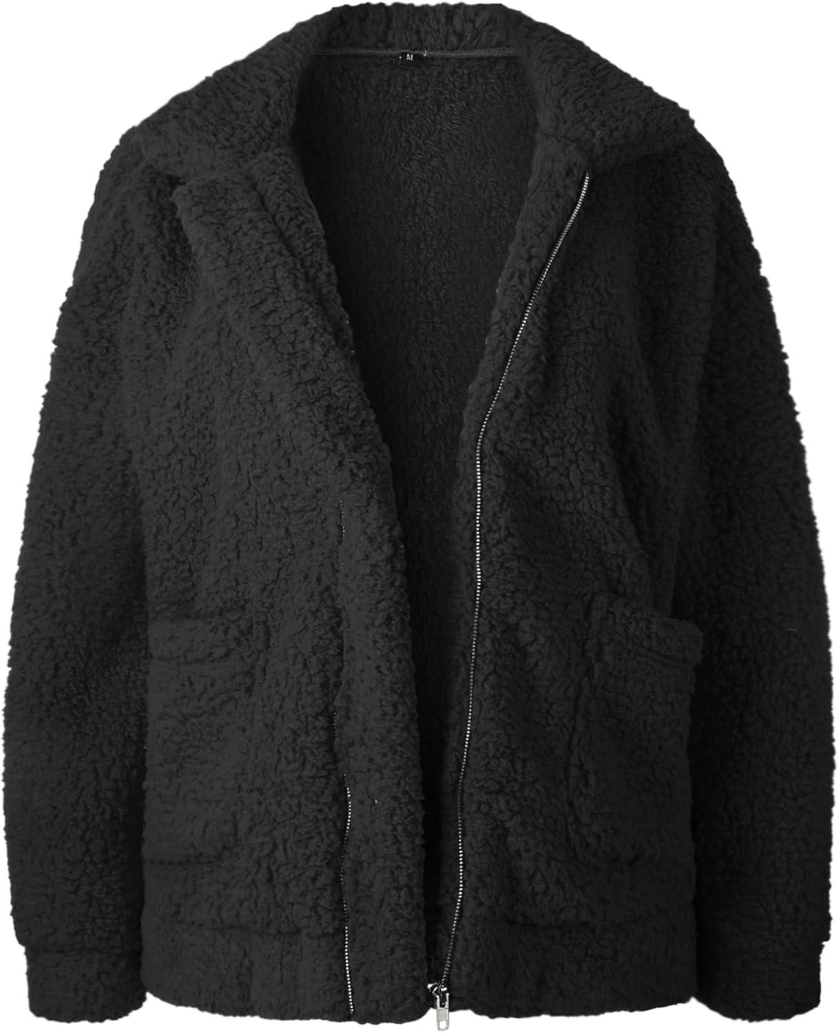 imageECOWISH Women Jacket Winter Coat  2025 Fur Fleece Long Sleeve Sherpa Faux Fuzzy Fall Teddy Fluffy Zip Lapel OutfitsBlack