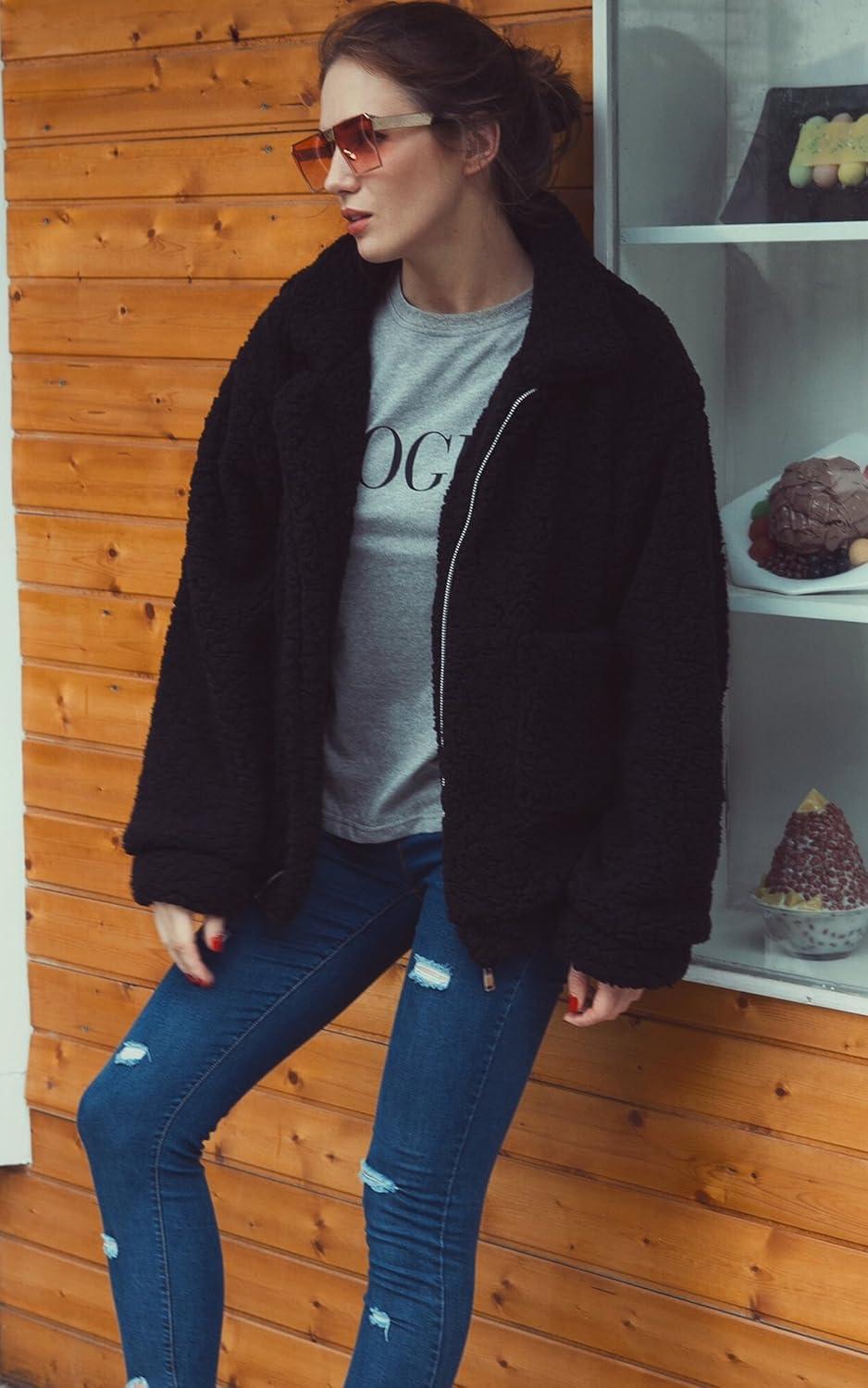 imageECOWISH Women Jacket Winter Coat  2025 Fur Fleece Long Sleeve Sherpa Faux Fuzzy Fall Teddy Fluffy Zip Lapel OutfitsBlack