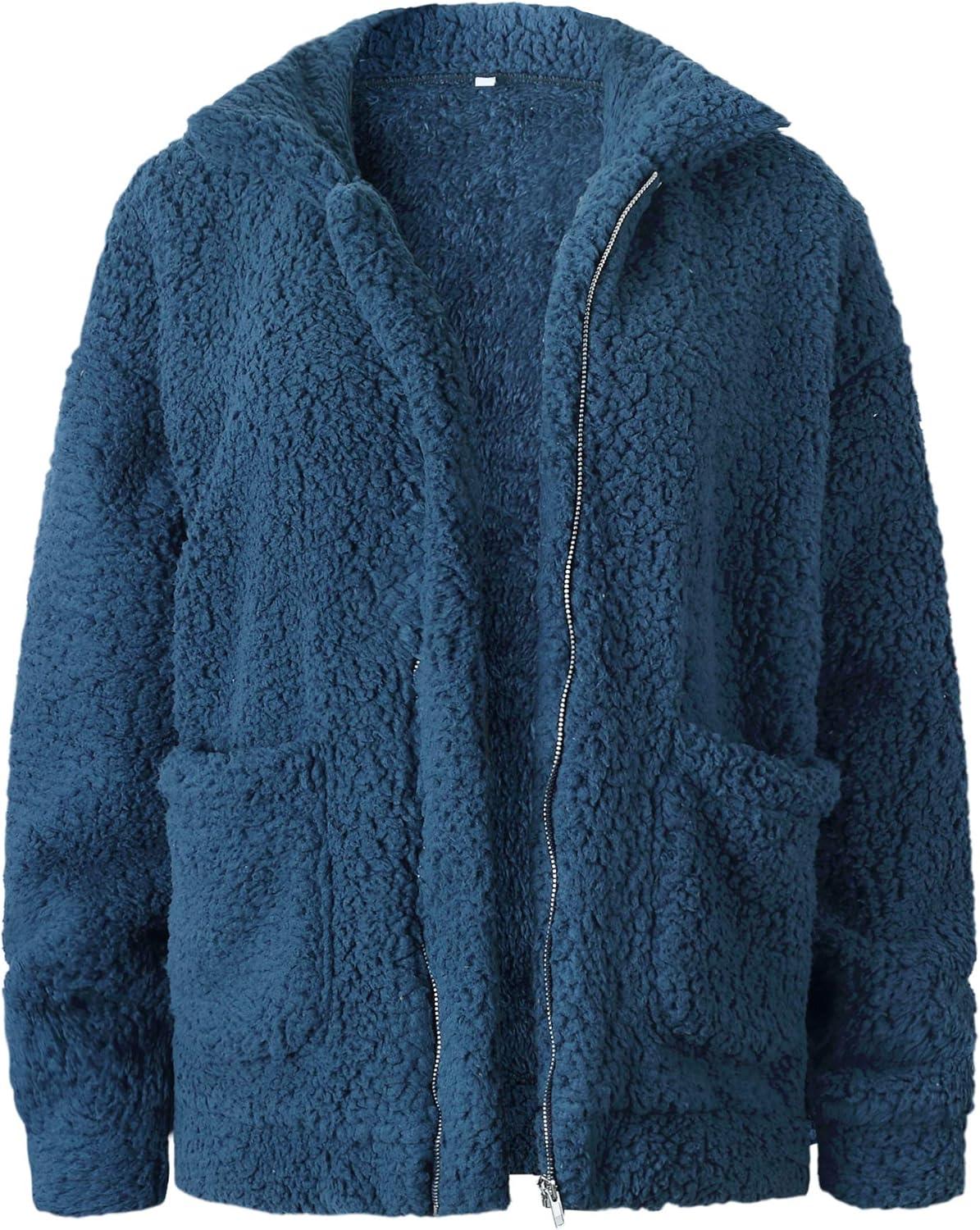 imageECOWISH Women Jacket Winter Coat  2025 Fur Fleece Long Sleeve Sherpa Faux Fuzzy Fall Teddy Fluffy Zip Lapel OutfitsBlue
