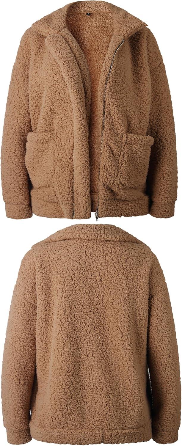 imageECOWISH Women Jacket Winter Coat  2025 Fur Fleece Long Sleeve Sherpa Faux Fuzzy Fall Teddy Fluffy Zip Lapel OutfitsCamel