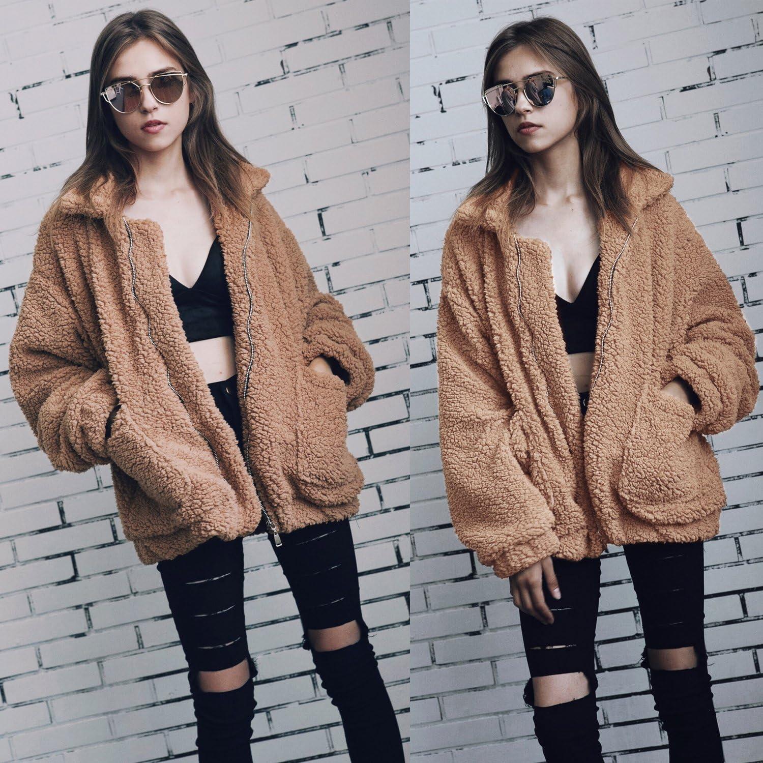 imageECOWISH Women Jacket Winter Coat  2025 Fur Fleece Long Sleeve Sherpa Faux Fuzzy Fall Teddy Fluffy Zip Lapel OutfitsCamel