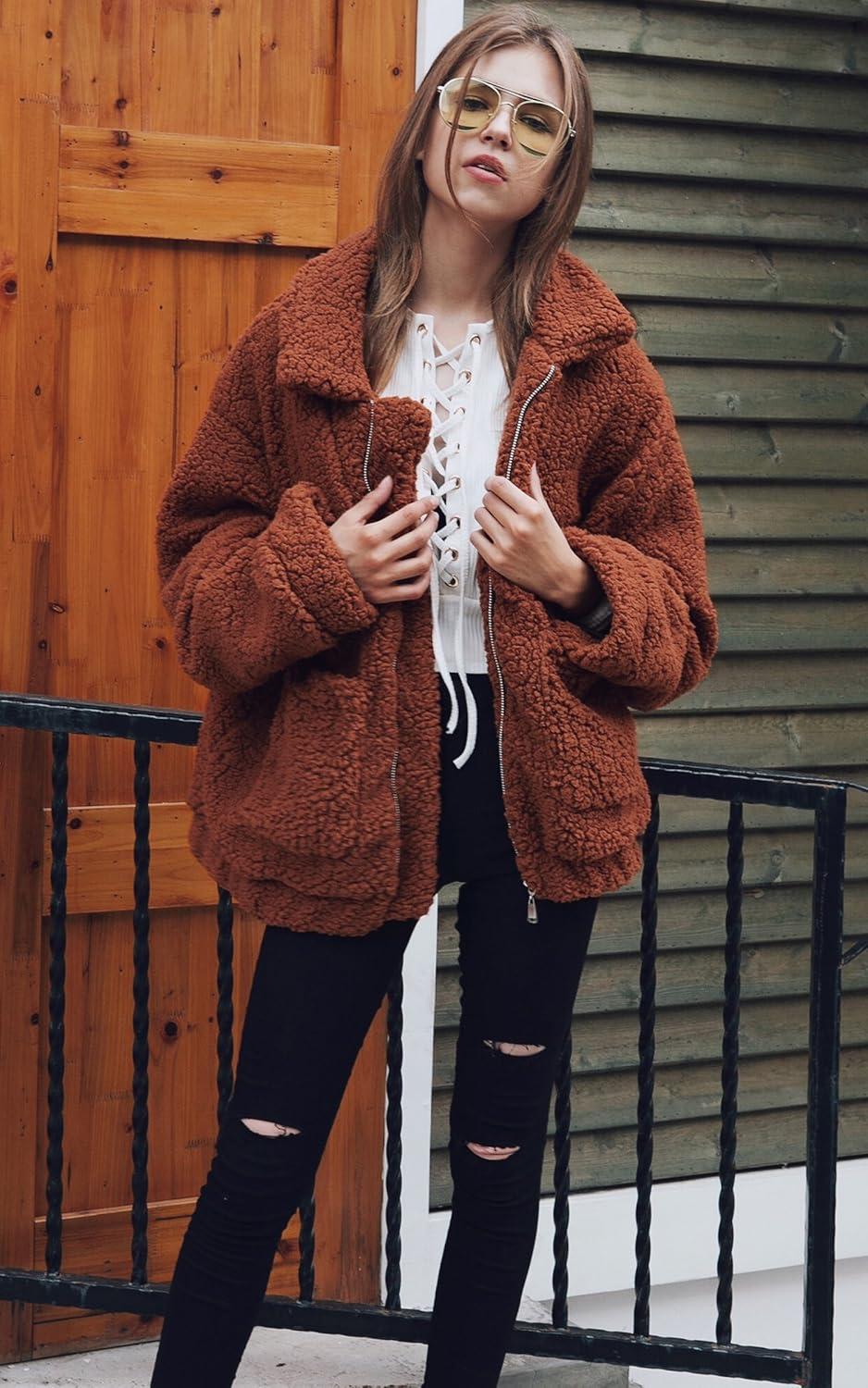imageECOWISH Women Jacket Winter Coat  2025 Fur Fleece Long Sleeve Sherpa Faux Fuzzy Fall Teddy Fluffy Zip Lapel OutfitsCoffee