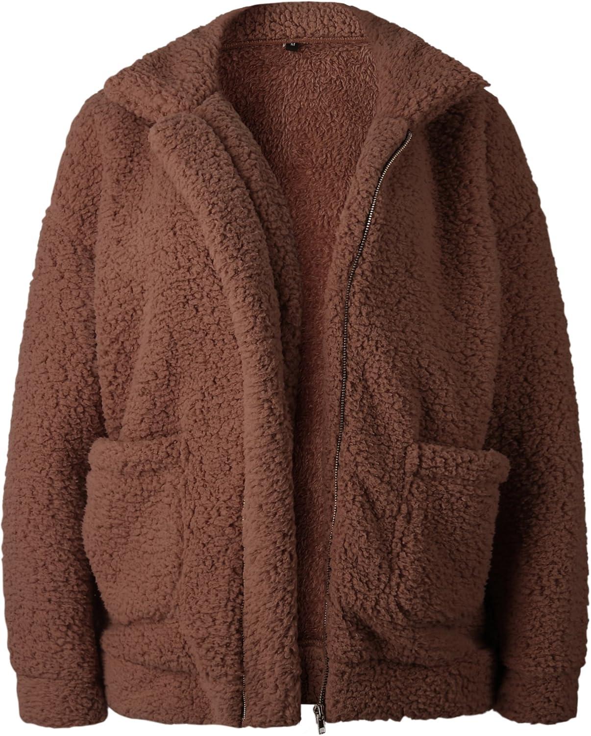 imageECOWISH Women Jacket Winter Coat  2025 Fur Fleece Long Sleeve Sherpa Faux Fuzzy Fall Teddy Fluffy Zip Lapel OutfitsCoffee
