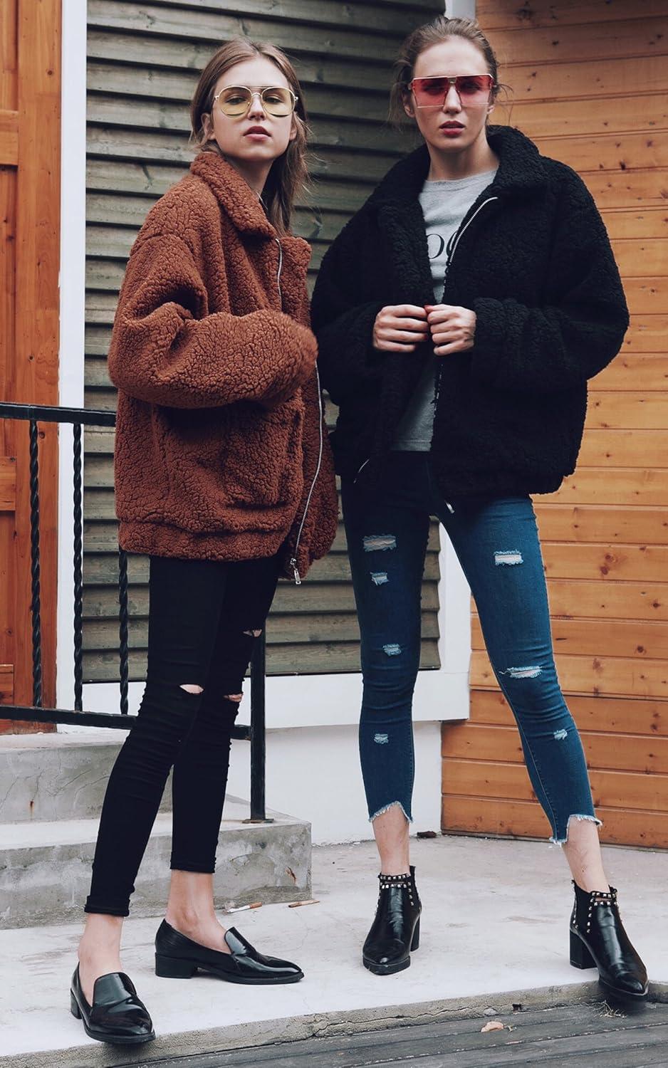 imageECOWISH Women Jacket Winter Coat  2025 Fur Fleece Long Sleeve Sherpa Faux Fuzzy Fall Teddy Fluffy Zip Lapel OutfitsCoffee