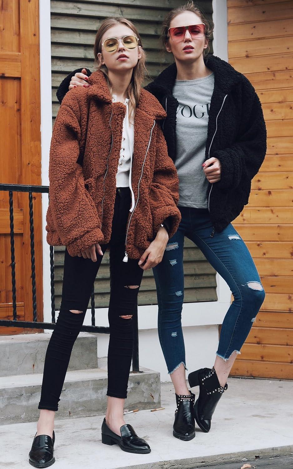 imageECOWISH Women Jacket Winter Coat  2025 Fur Fleece Long Sleeve Sherpa Faux Fuzzy Fall Teddy Fluffy Zip Lapel OutfitsCoffee