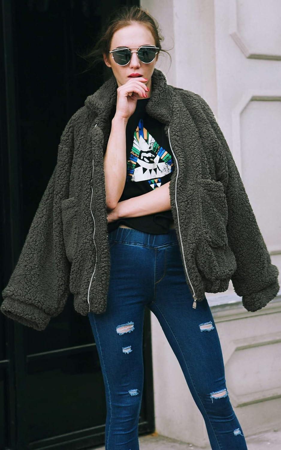 imageECOWISH Women Jacket Winter Coat  2025 Fur Fleece Long Sleeve Sherpa Faux Fuzzy Fall Teddy Fluffy Zip Lapel OutfitsGreen