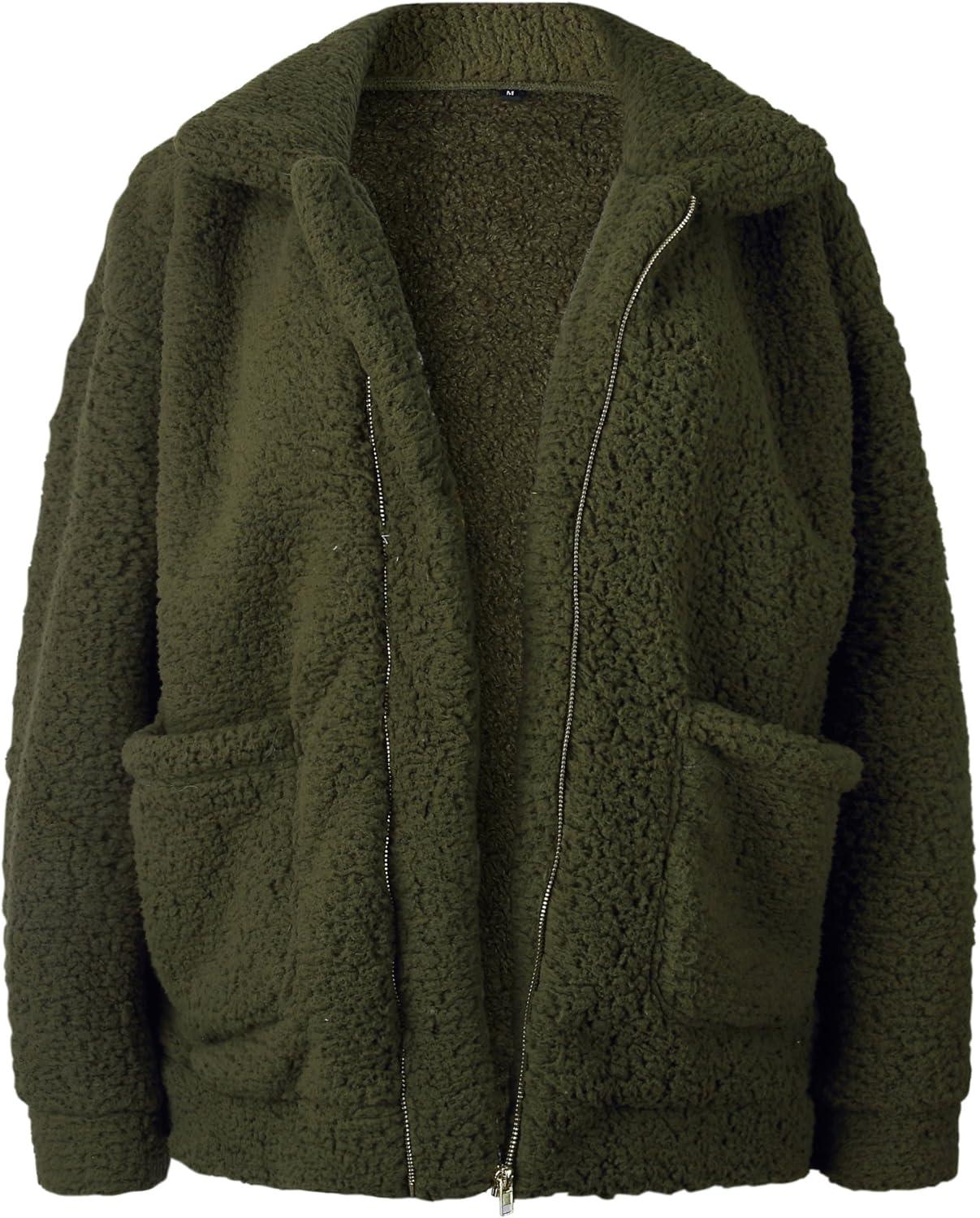 imageECOWISH Women Jacket Winter Coat  2025 Fur Fleece Long Sleeve Sherpa Faux Fuzzy Fall Teddy Fluffy Zip Lapel OutfitsGreen