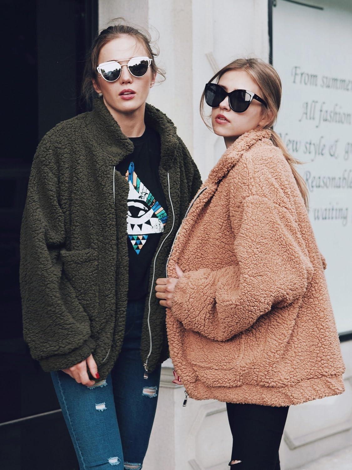 imageECOWISH Women Jacket Winter Coat  2025 Fur Fleece Long Sleeve Sherpa Faux Fuzzy Fall Teddy Fluffy Zip Lapel OutfitsGreen