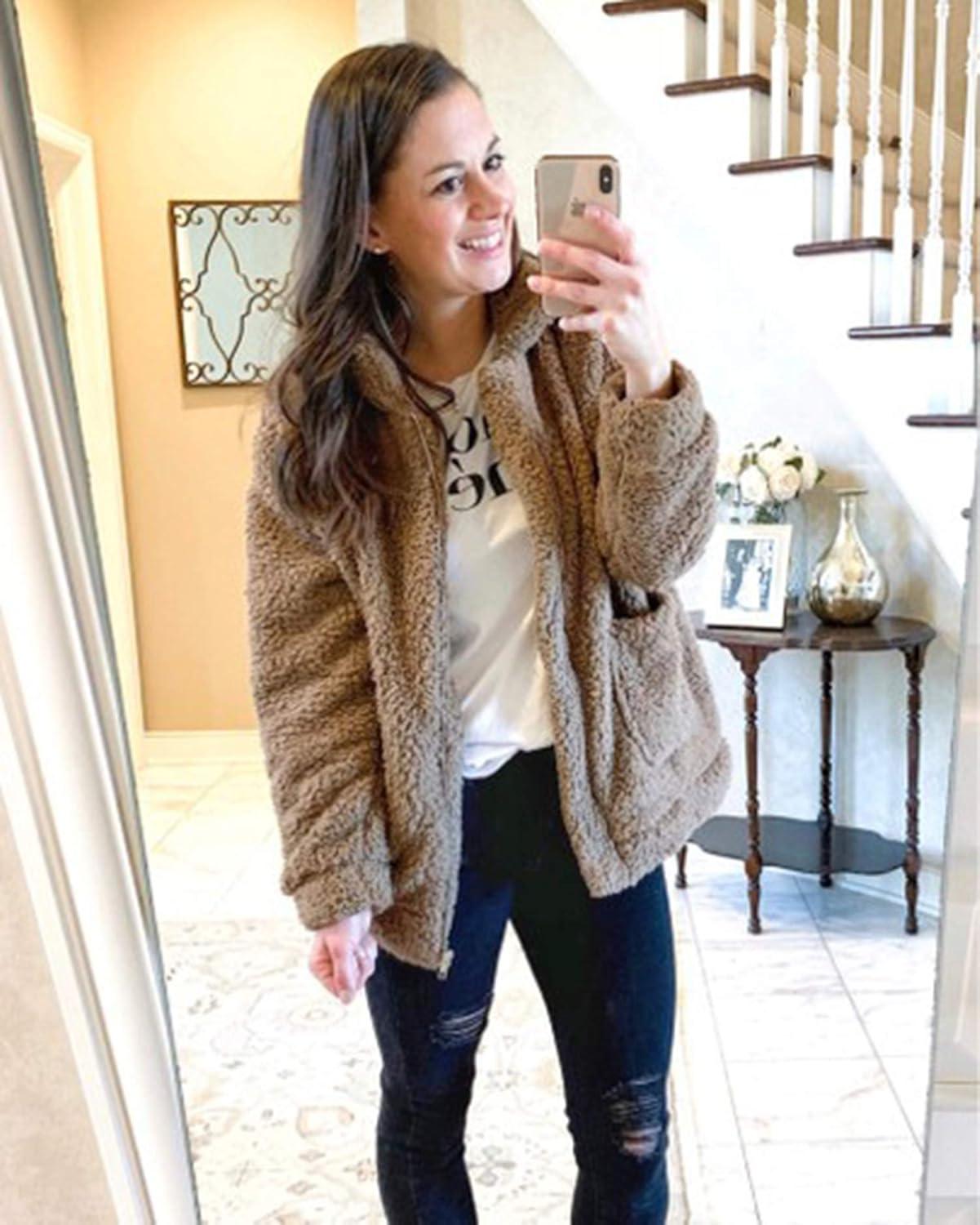 imageECOWISH Women Jacket Winter Coat  2025 Fur Fleece Long Sleeve Sherpa Faux Fuzzy Fall Teddy Fluffy Zip Lapel OutfitsKhaki