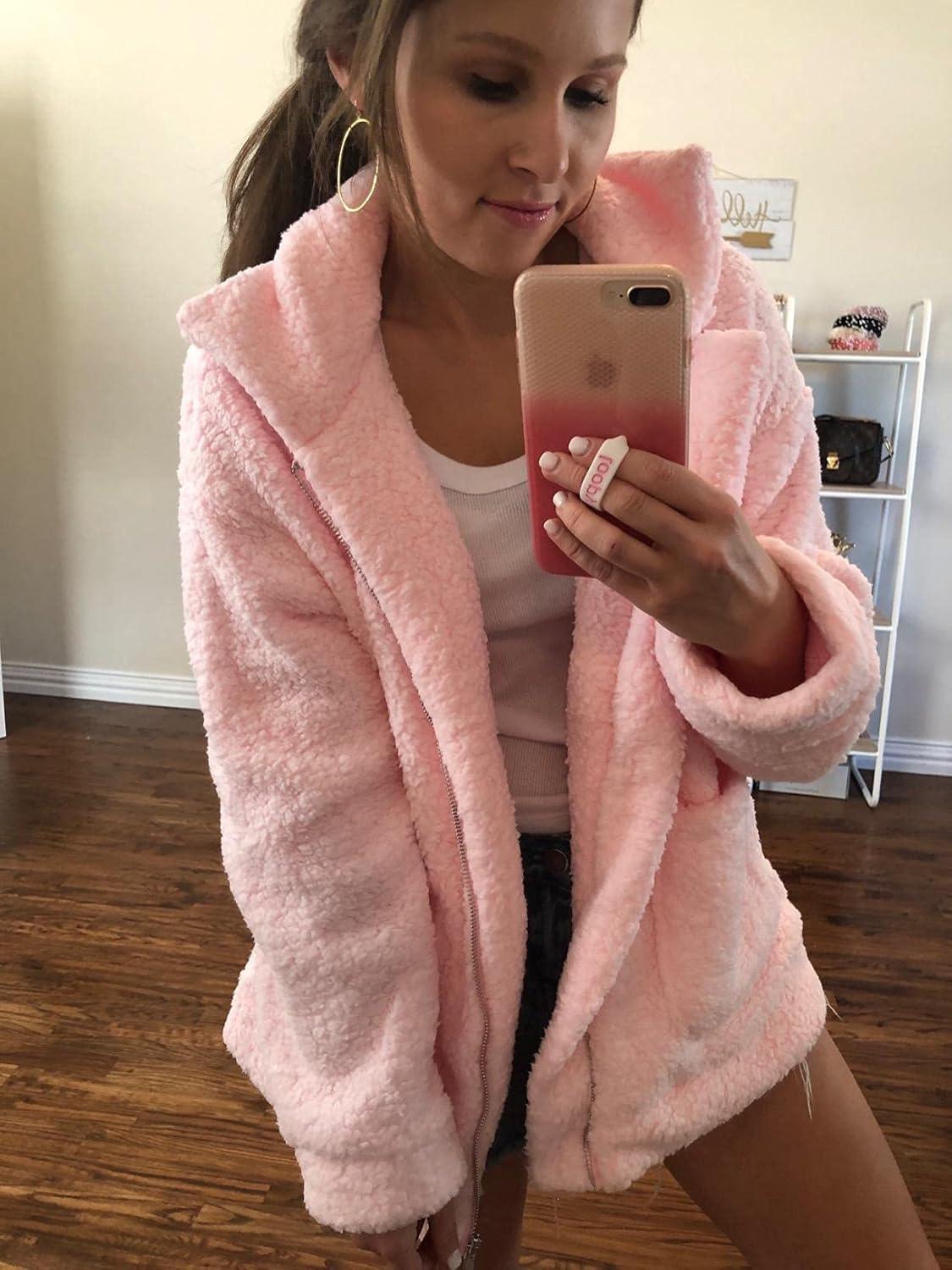 imageECOWISH Women Jacket Winter Coat  2025 Fur Fleece Long Sleeve Sherpa Faux Fuzzy Fall Teddy Fluffy Zip Lapel OutfitsPink
