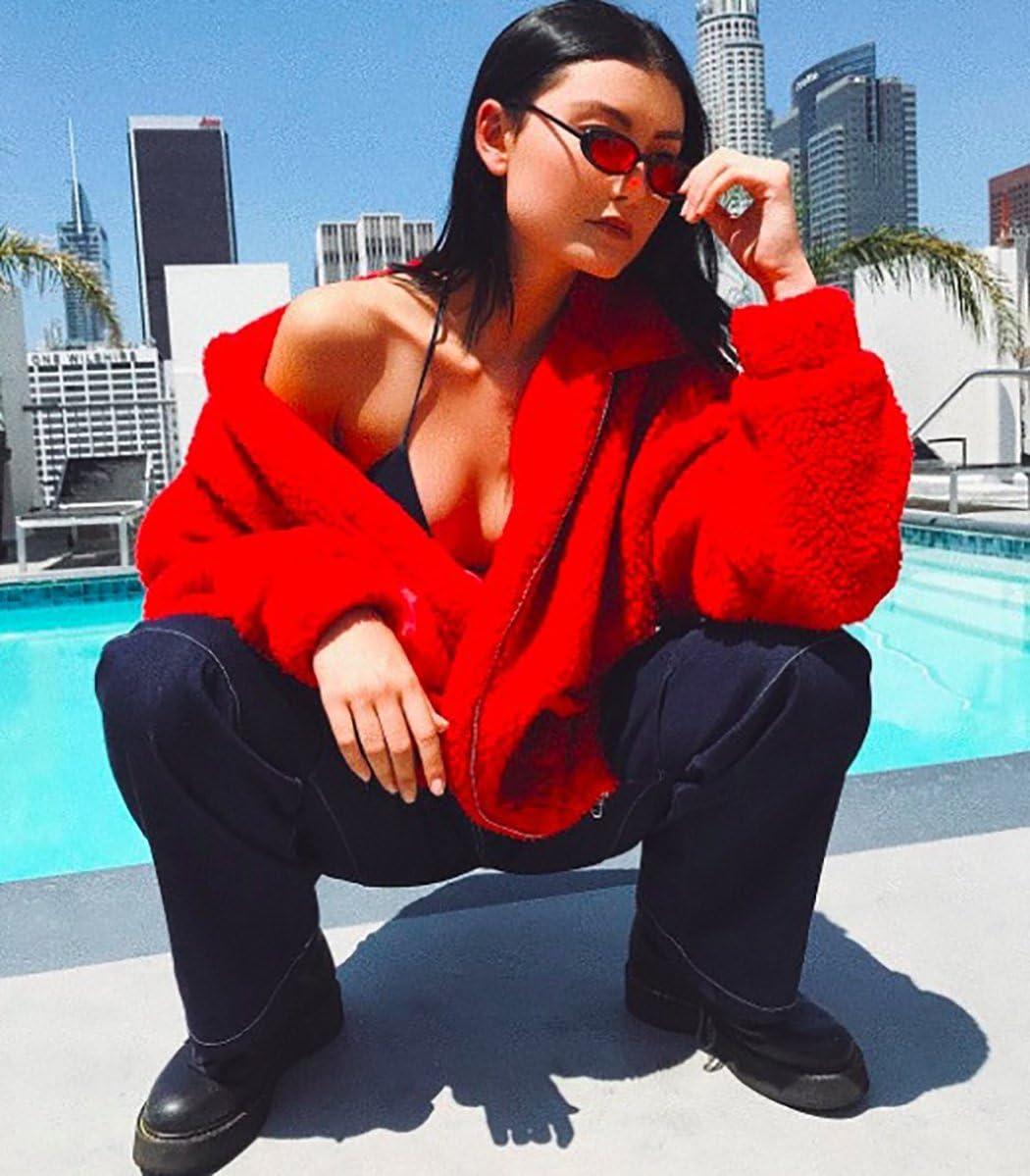 imageECOWISH Women Jacket Winter Coat  2025 Fur Fleece Long Sleeve Sherpa Faux Fuzzy Fall Teddy Fluffy Zip Lapel OutfitsRed