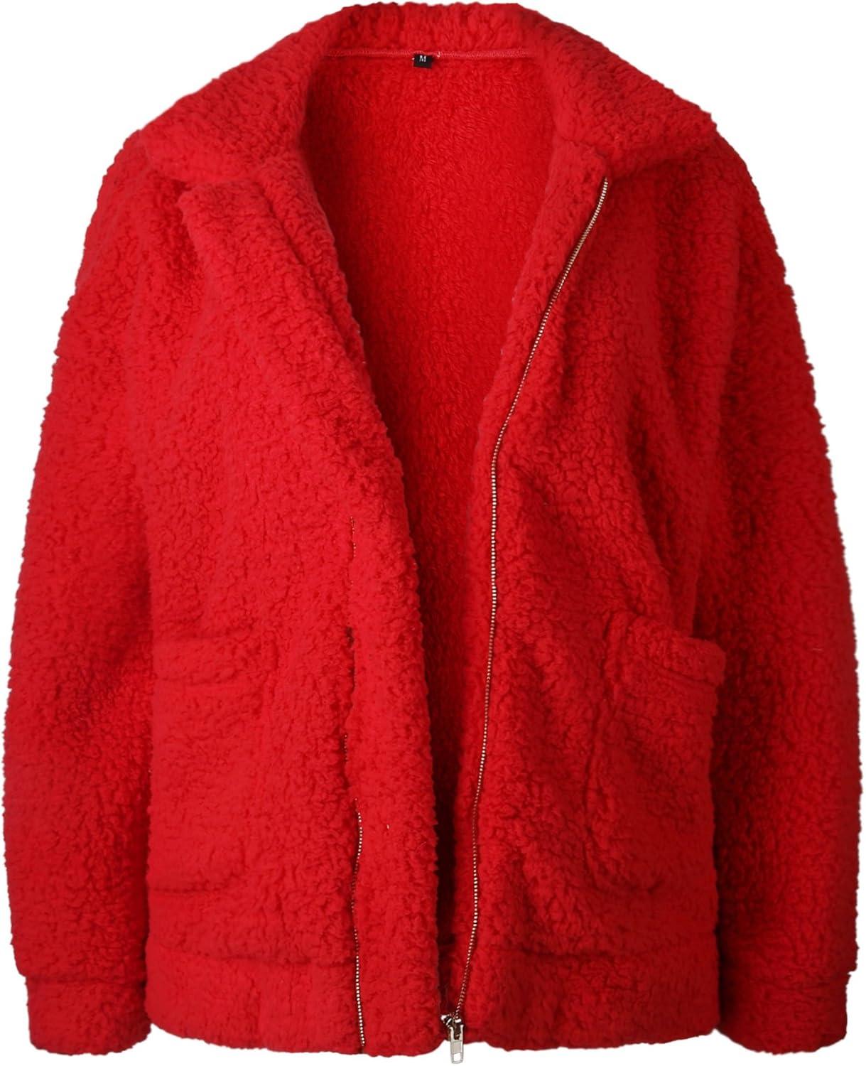 imageECOWISH Women Jacket Winter Coat  2025 Fur Fleece Long Sleeve Sherpa Faux Fuzzy Fall Teddy Fluffy Zip Lapel OutfitsRed