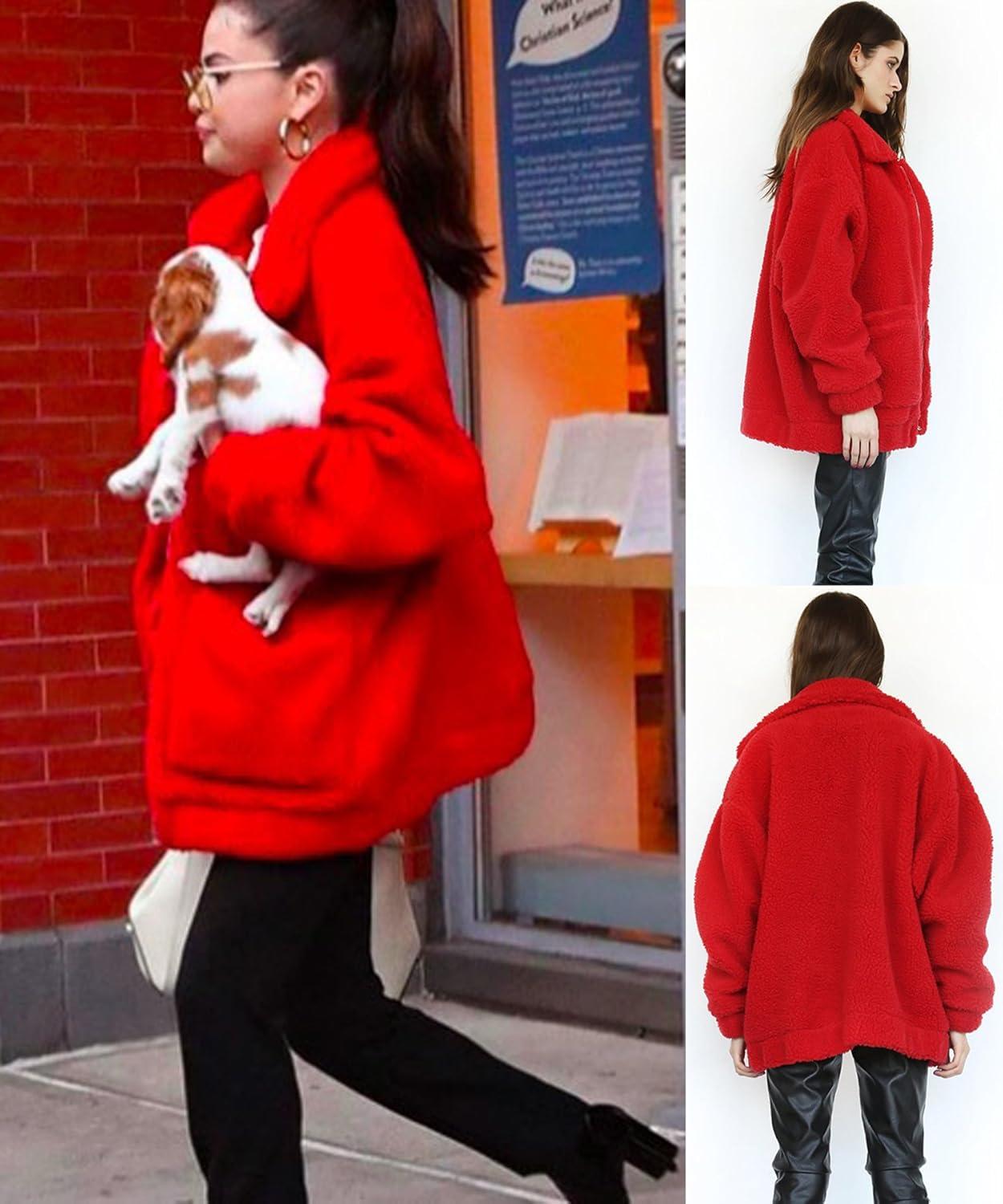 imageECOWISH Women Jacket Winter Coat  2025 Fur Fleece Long Sleeve Sherpa Faux Fuzzy Fall Teddy Fluffy Zip Lapel OutfitsRed