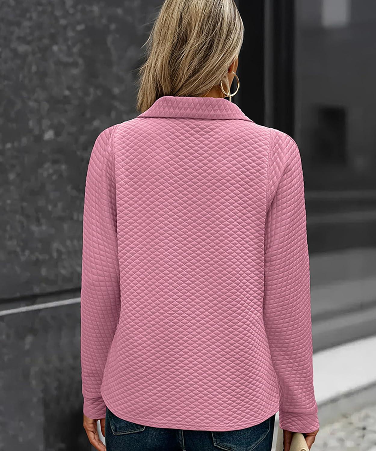 imageECOWISH Women Tops Quarter Zip Fall Winter Tunics Casual Oversized Pullover Ribbed Quilted V Neck Collared Outfits Loose 202523pink