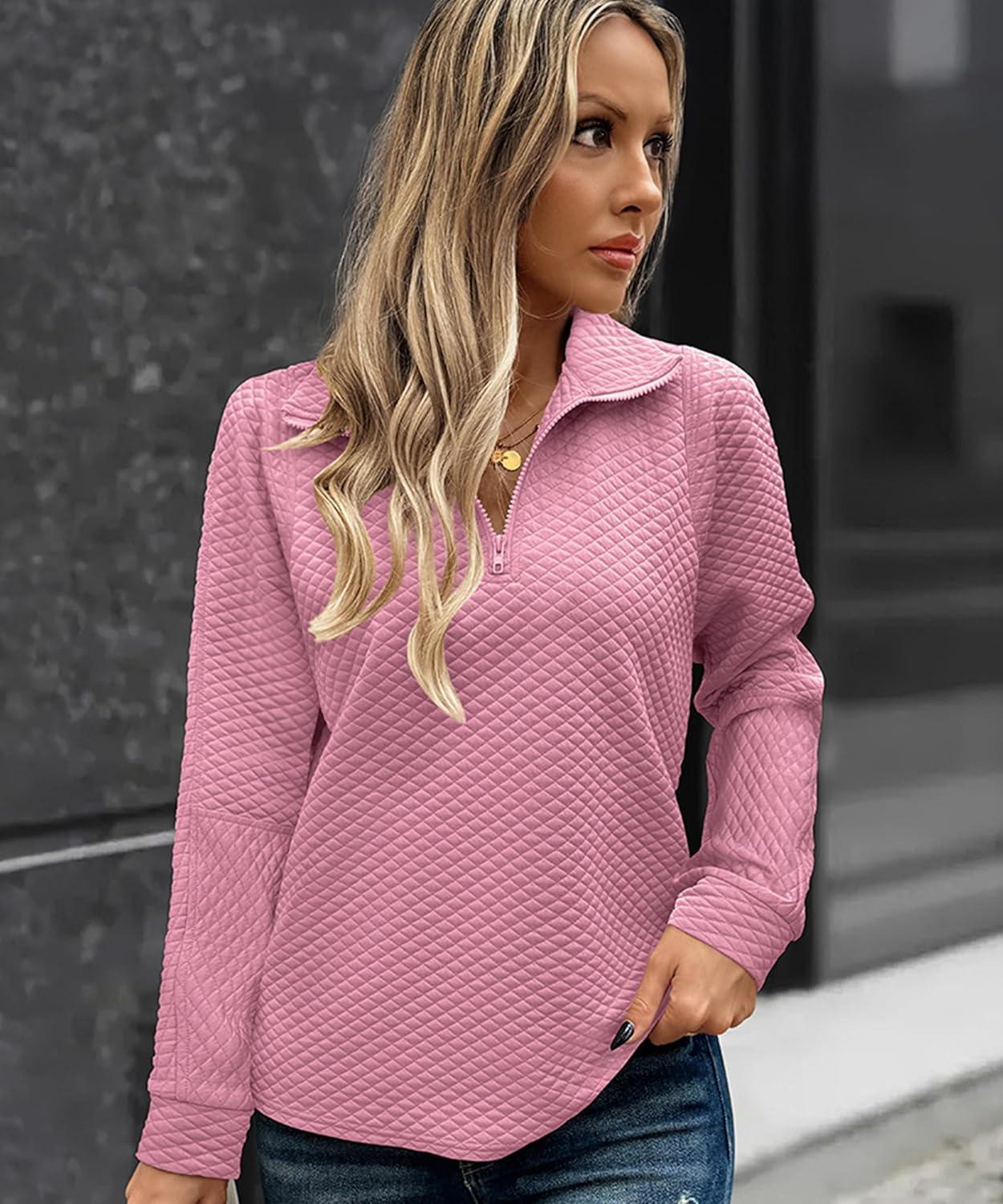 imageECOWISH Women Tops Quarter Zip Fall Winter Tunics Casual Oversized Pullover Ribbed Quilted V Neck Collared Outfits Loose 202523pink