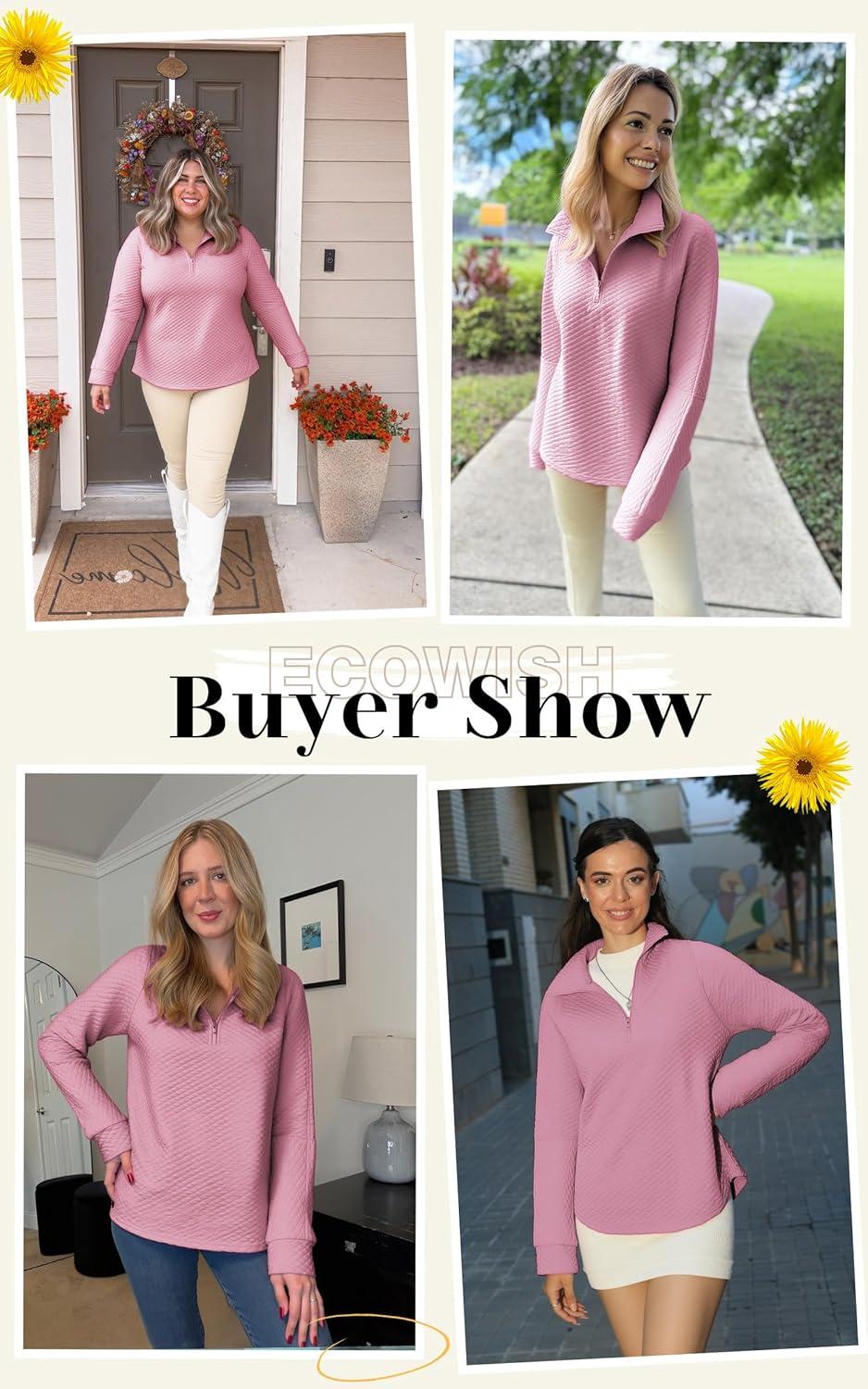 imageECOWISH Women Tops Quarter Zip Fall Winter Tunics Casual Oversized Pullover Ribbed Quilted V Neck Collared Outfits Loose 202523pink