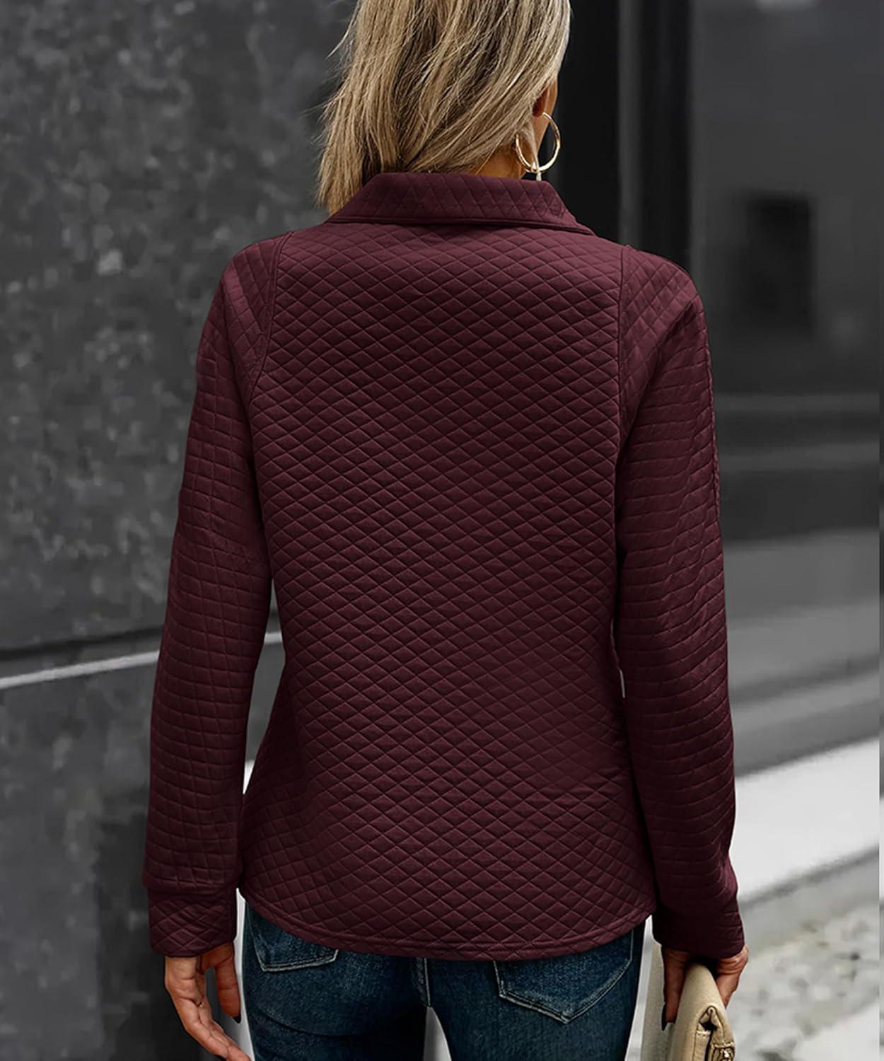 imageECOWISH Women Tops Quarter Zip Fall Winter Tunics Casual Oversized Pullover Ribbed Quilted V Neck Collared Outfits Loose 202523wine Red