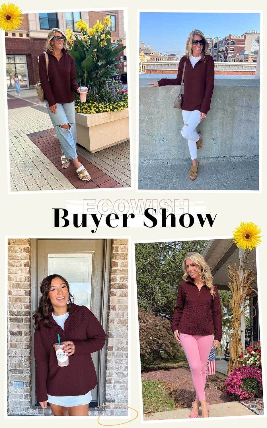 imageECOWISH Women Tops Quarter Zip Fall Winter Tunics Casual Oversized Pullover Ribbed Quilted V Neck Collared Outfits Loose 202523wine Red