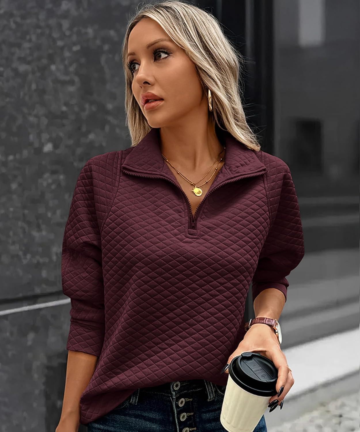 imageECOWISH Women Tops Quarter Zip Fall Winter Tunics Casual Oversized Pullover Ribbed Quilted V Neck Collared Outfits Loose 202523wine Red