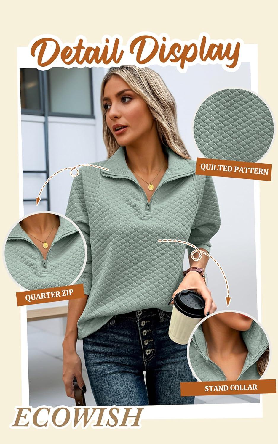 imageECOWISH Women Tops Quarter Zip Fall Winter Tunics Casual Oversized Pullover Ribbed Quilted V Neck Collared Outfits Loose 202523wine Red