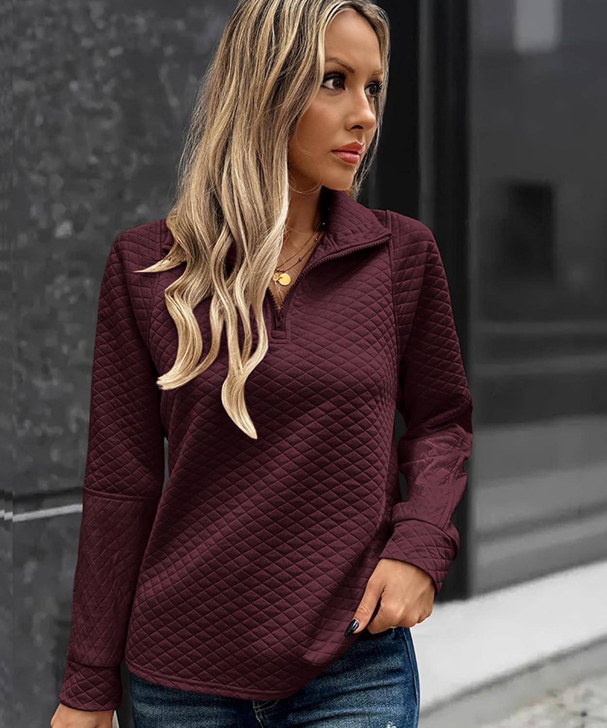 imageECOWISH Women Tops Quarter Zip Fall Winter Tunics Casual Oversized Pullover Ribbed Quilted V Neck Collared Outfits Loose 202523wine Red