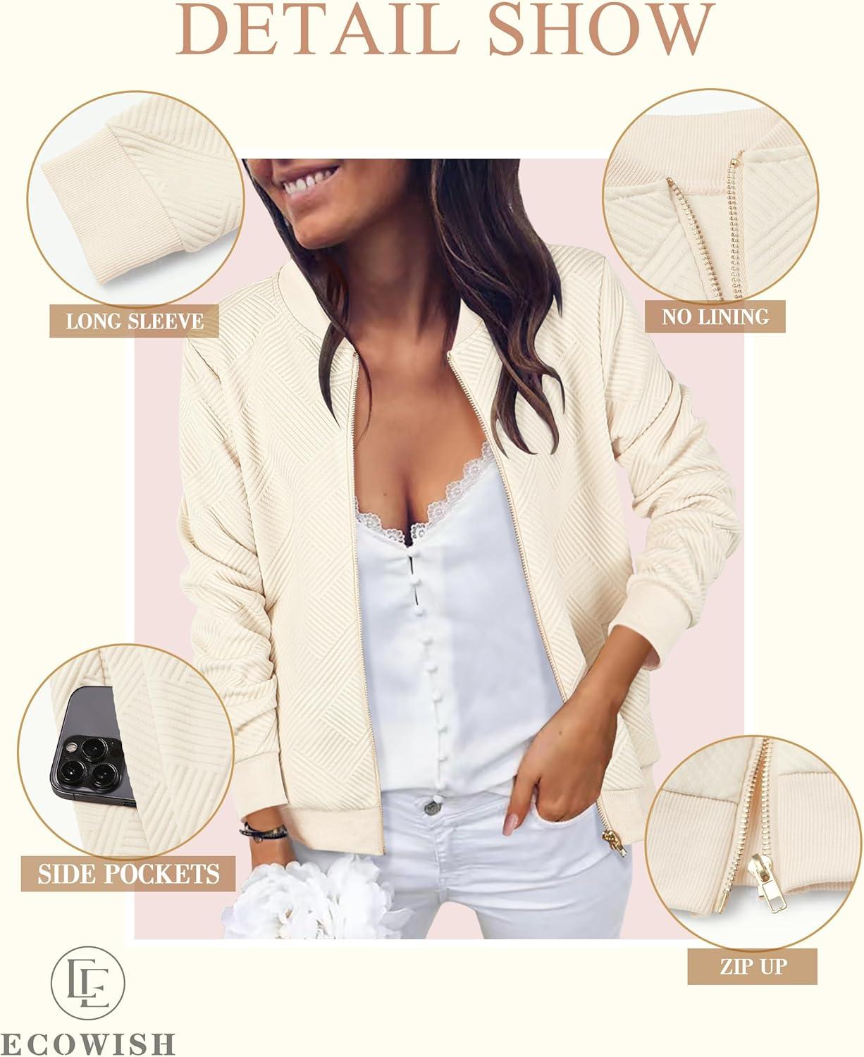 imageECOWISH Womens Casual Floral Zip Up Bomber Jacket Coat Lightweight Short Camo No Lining Outwear Tops Windbreaker with Pocket454apricot