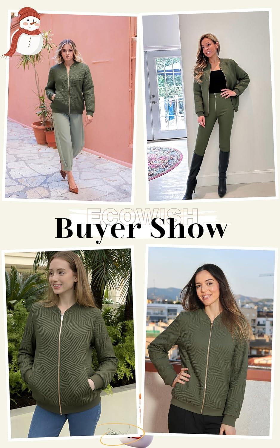 imageECOWISH Womens Casual Floral Zip Up Bomber Jacket Coat Lightweight Short Camo No Lining Outwear Tops Windbreaker with Pocket454green