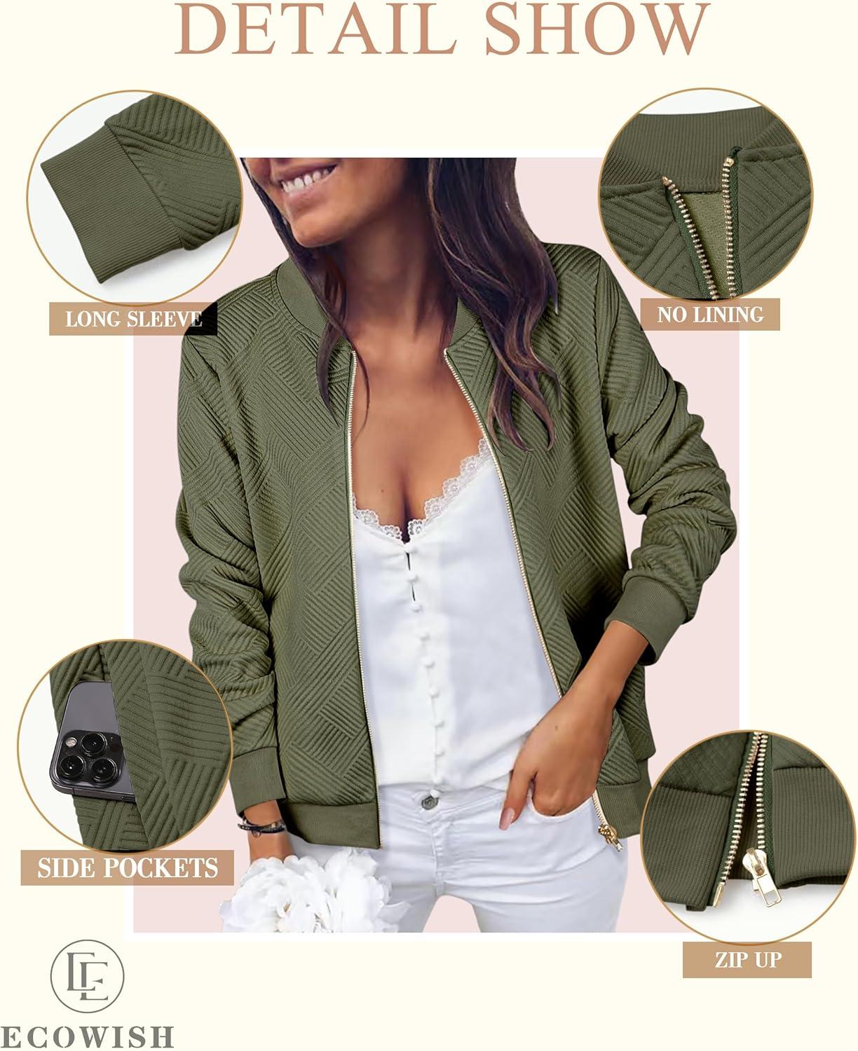 imageECOWISH Womens Casual Floral Zip Up Bomber Jacket Coat Lightweight Short Camo No Lining Outwear Tops Windbreaker with Pocket454green