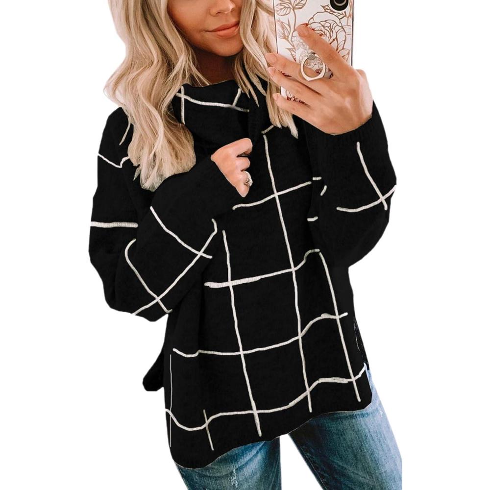 imageECOWISH Women Fall Pullover Sweater Turtleneck Plaid Long Sleeve Loose Casual Chunky Checked Knit Winter Sweaters Jumper Tops014black1