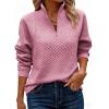 imageECOWISH Women Tops Quarter Zip Fall Winter Tunics Casual Oversized Pullover Ribbed Quilted V Neck Collared Outfits Loose 202523pink