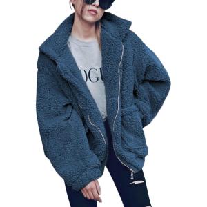 imageECOWISH Women Jacket Winter Coat  2025 Fur Fleece Long Sleeve Sherpa Faux Fuzzy Fall Teddy Fluffy Zip Lapel OutfitsBlue