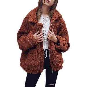imageECOWISH Women Jacket Winter Coat  2025 Fur Fleece Long Sleeve Sherpa Faux Fuzzy Fall Teddy Fluffy Zip Lapel OutfitsCoffee