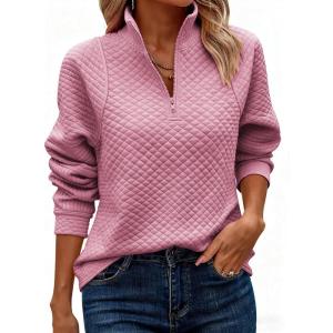 imageECOWISH Women Tops Quarter Zip Fall Winter Tunics Casual Oversized Pullover Ribbed Quilted V Neck Collared Outfits Loose 202523pink